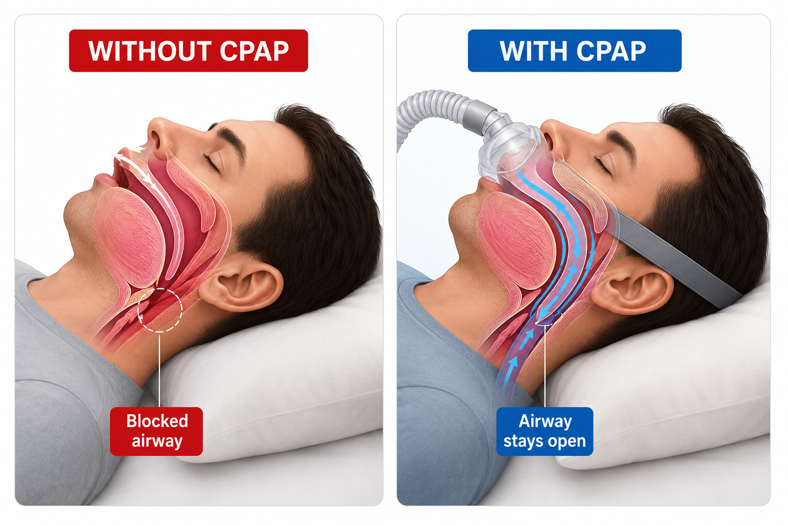 Airway comparison — without CPAP the airway is blocked, with CPAP the airway stays open