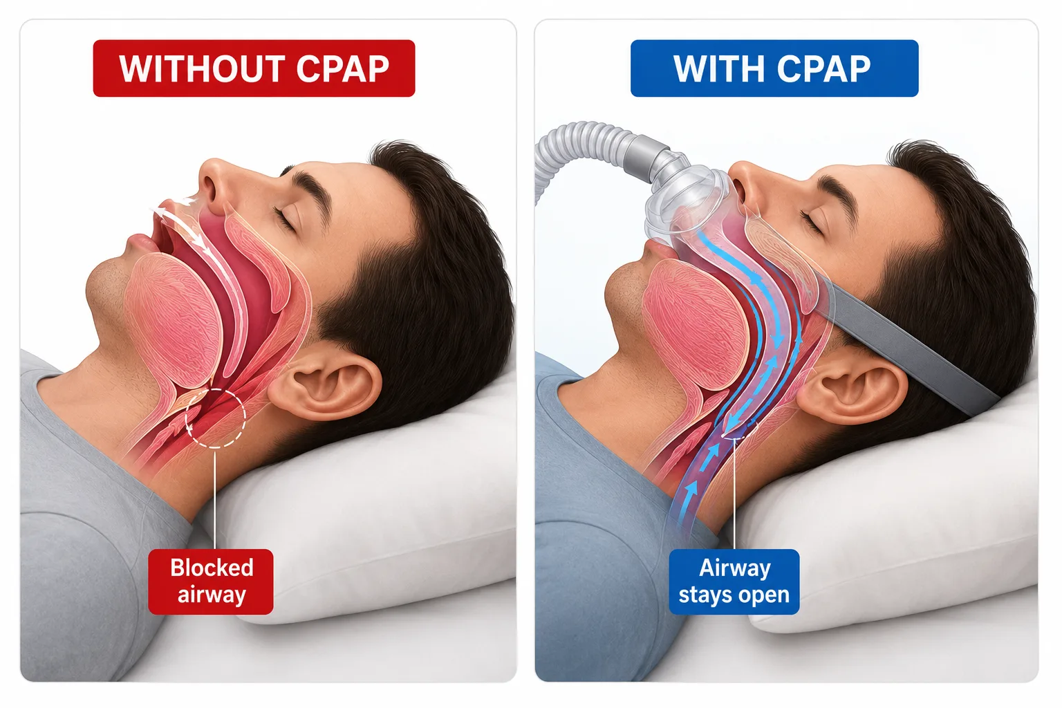 Airway comparison — without CPAP the airway is blocked, with CPAP the airway stays open