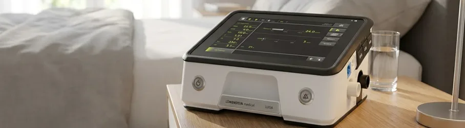 LUISA home ventilator running on a bedside table in a home bedroom