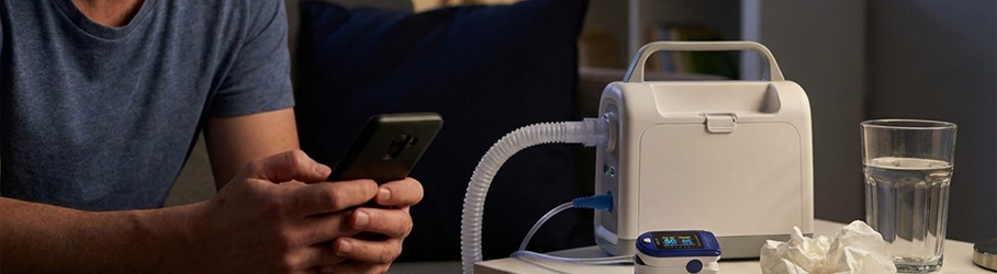 Home ventilator equipment on a table while patient contacts doctor