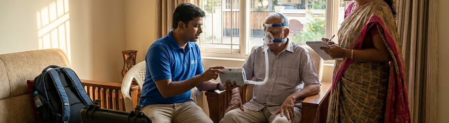 Srivari Healthcare technician training a COPD patient and caregiver at home