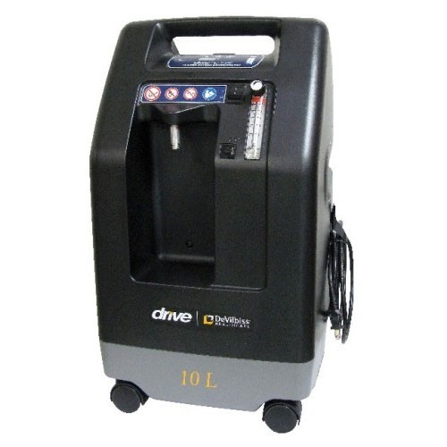 DeVilbiss 10 LPM oxygen concentrator — black stationary unit with flow meter, humidifier bottle bay and castor wheels