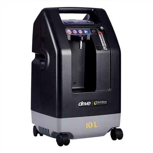 DeVilbiss 10 LPM oxygen concentrator on rent in Chennai — angled front view of the black and grey 10 L unit
